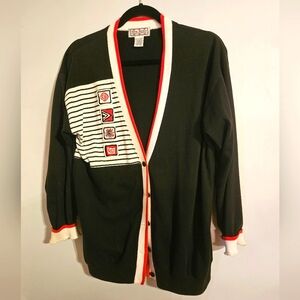 Vintage 90s Funky Black & Red Geometric Striped Cardigan Gina Peters - SizeSmall